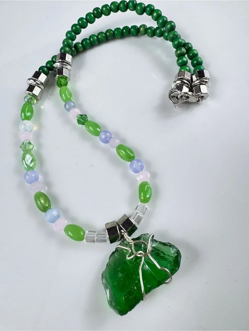 Green Sea Glass Pendant Beaded Necklace - Women Jewelry